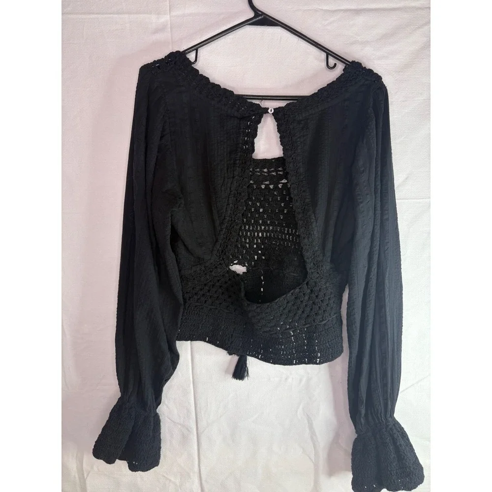 Free People Black Crochet Knit Long Sleeve‎ Open Back Tie Crop Top Women's M